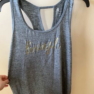 Gray workout tank! Light silky material, cute back! Says powerful